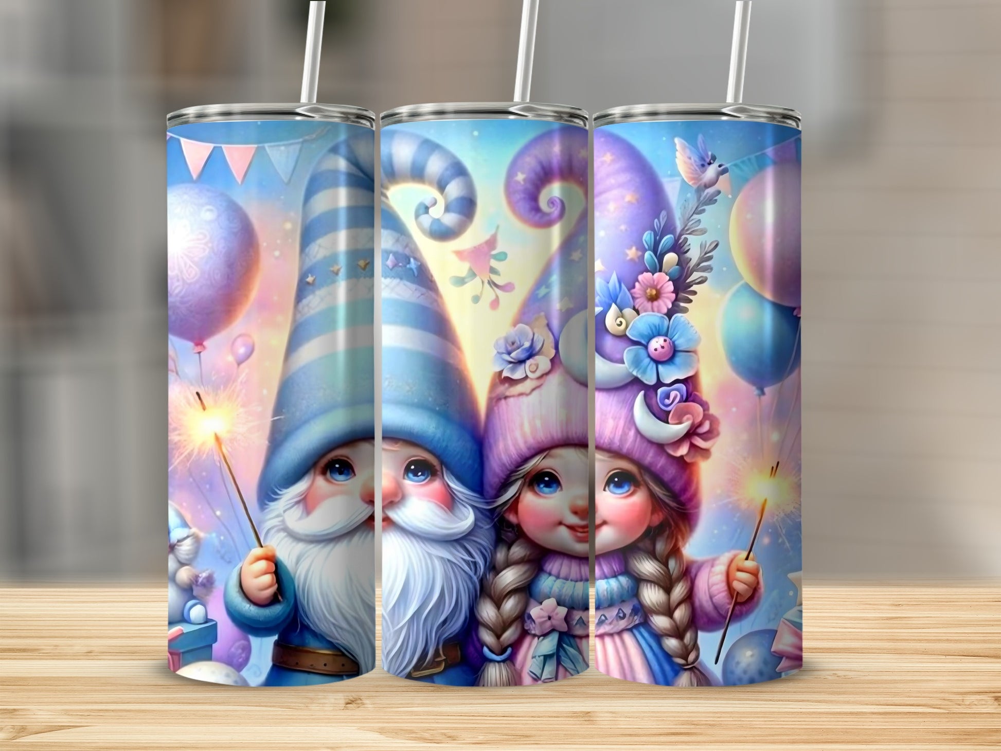 Adorable Gnomes and Balloons Themed Drink Tumbler