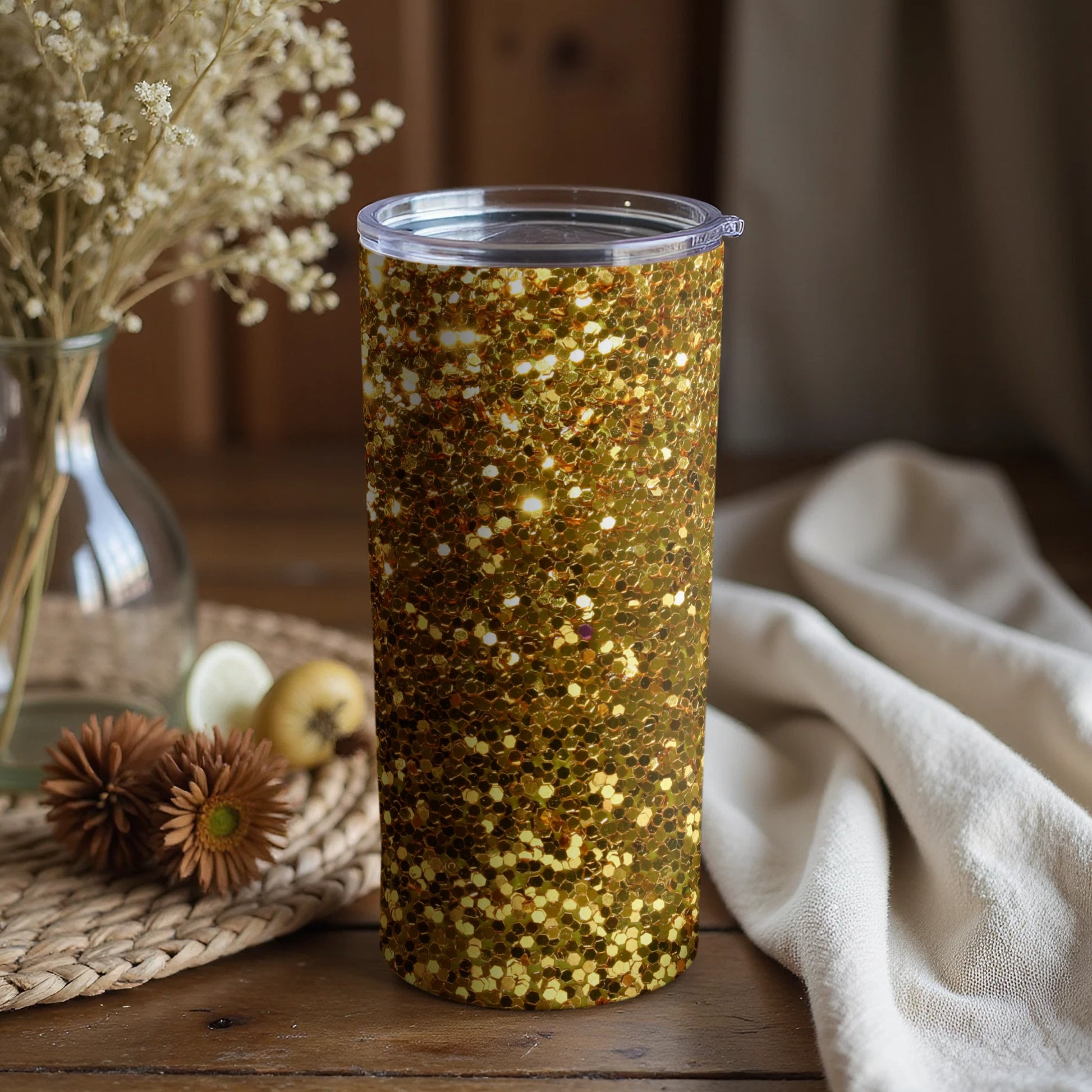 Sparkling Gold Glitter Tumbler with Lid Floral Decor
