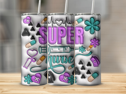 Tumbler with "Super Nurse" text, medical icons, and floral accents.