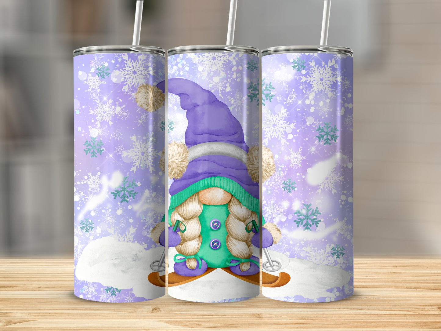 Three purple and green gnomes on skis with snowflakes and pom-poms.