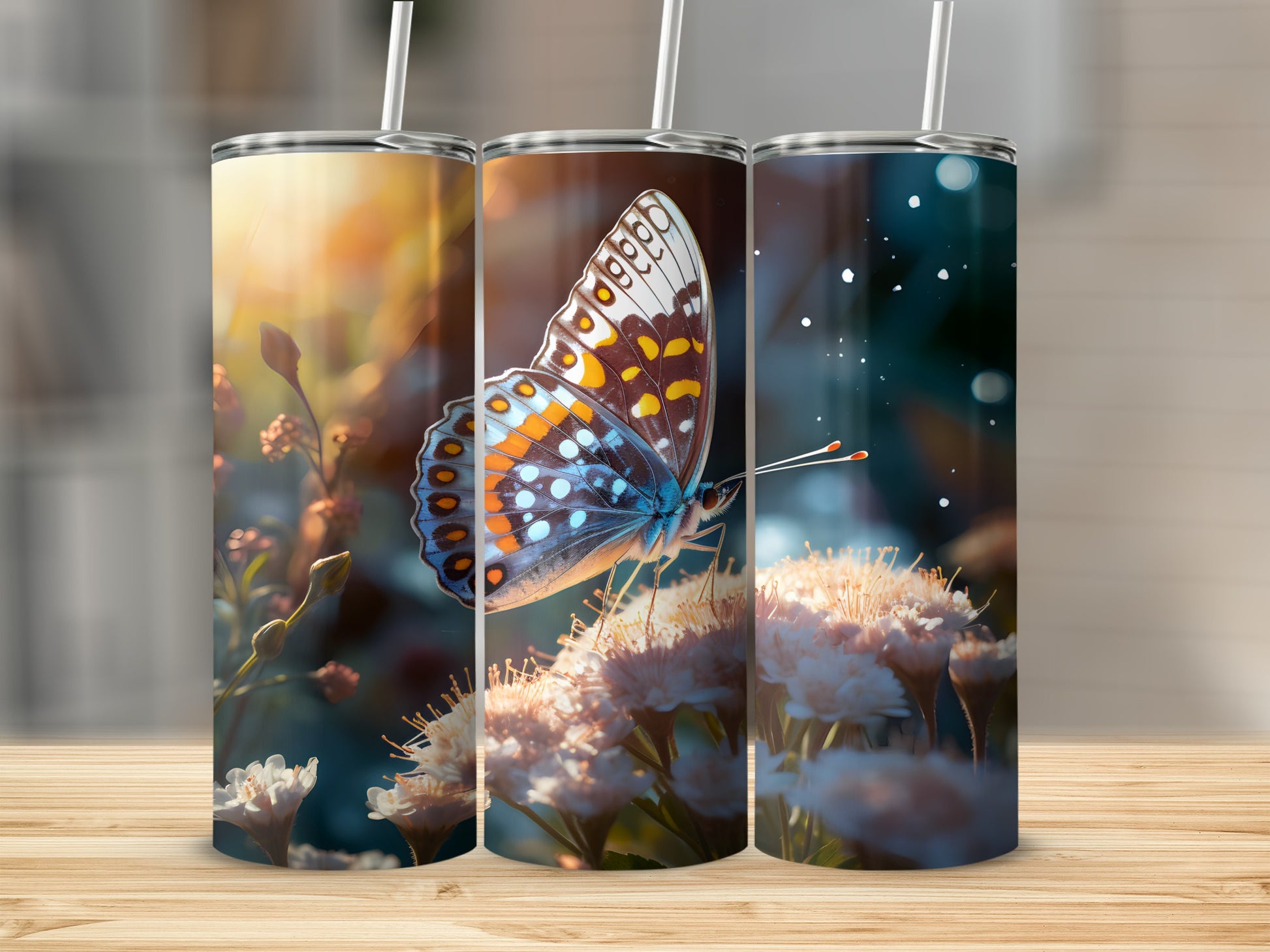 Three tumblers featuring a detailed butterfly on a flower.