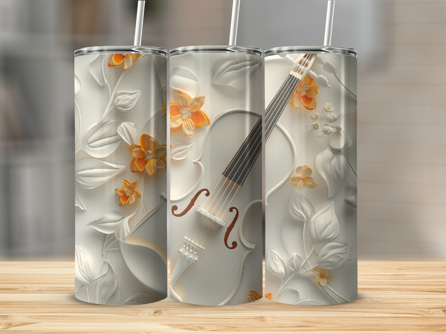 White tumbler with embossed floral and violin design.