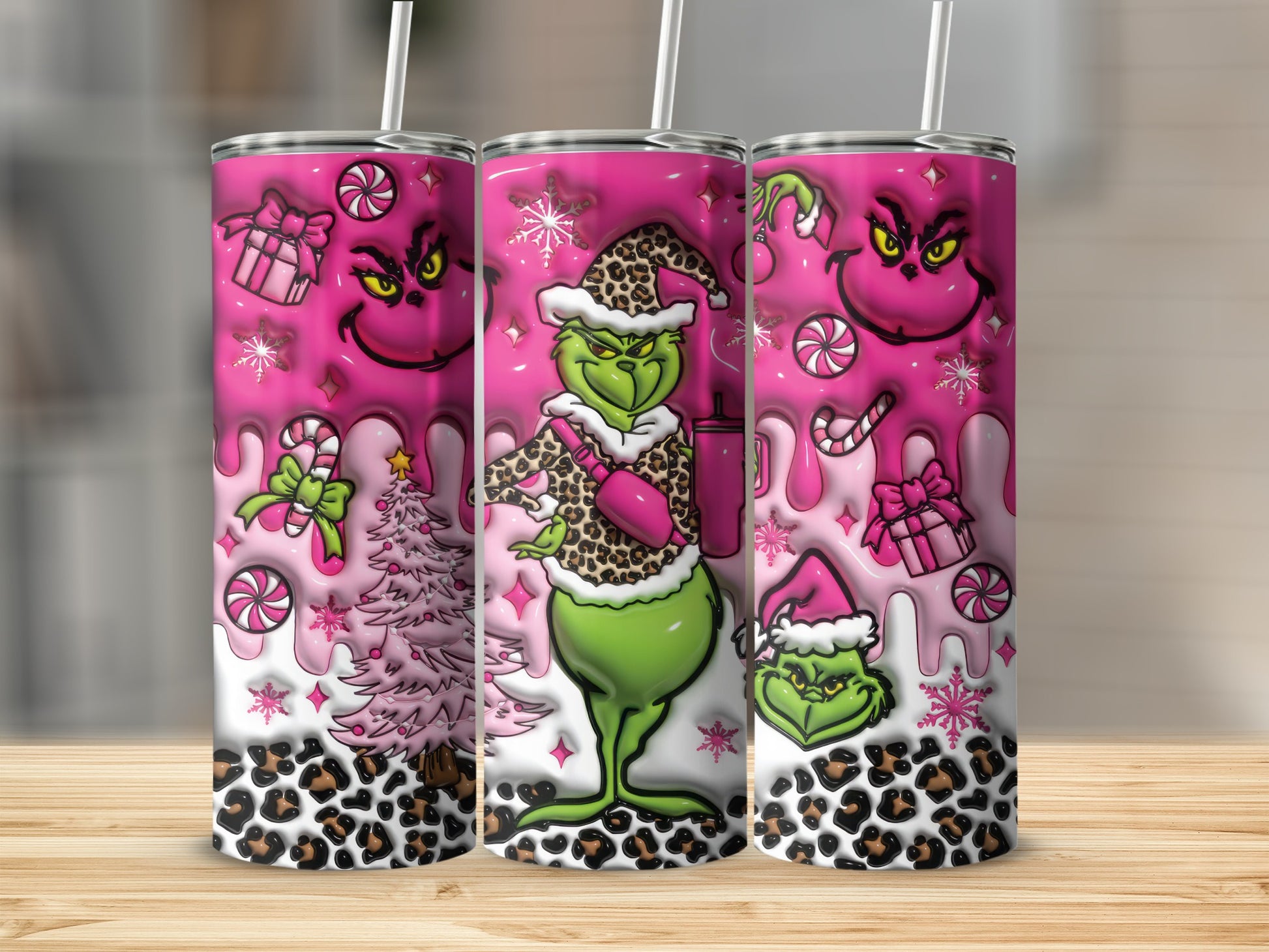 Pink Christmas Grinch Leopard Print Stainless Steel Tumbler