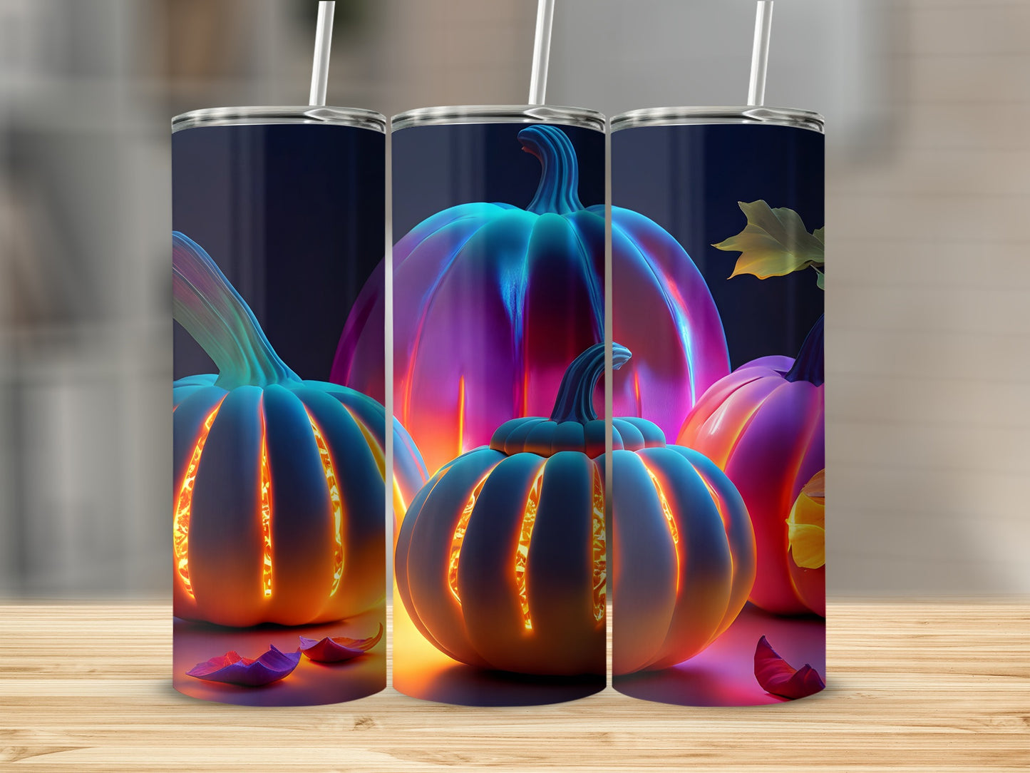 Glowing pumpkins with vibrant neon lighting and fall leaves.