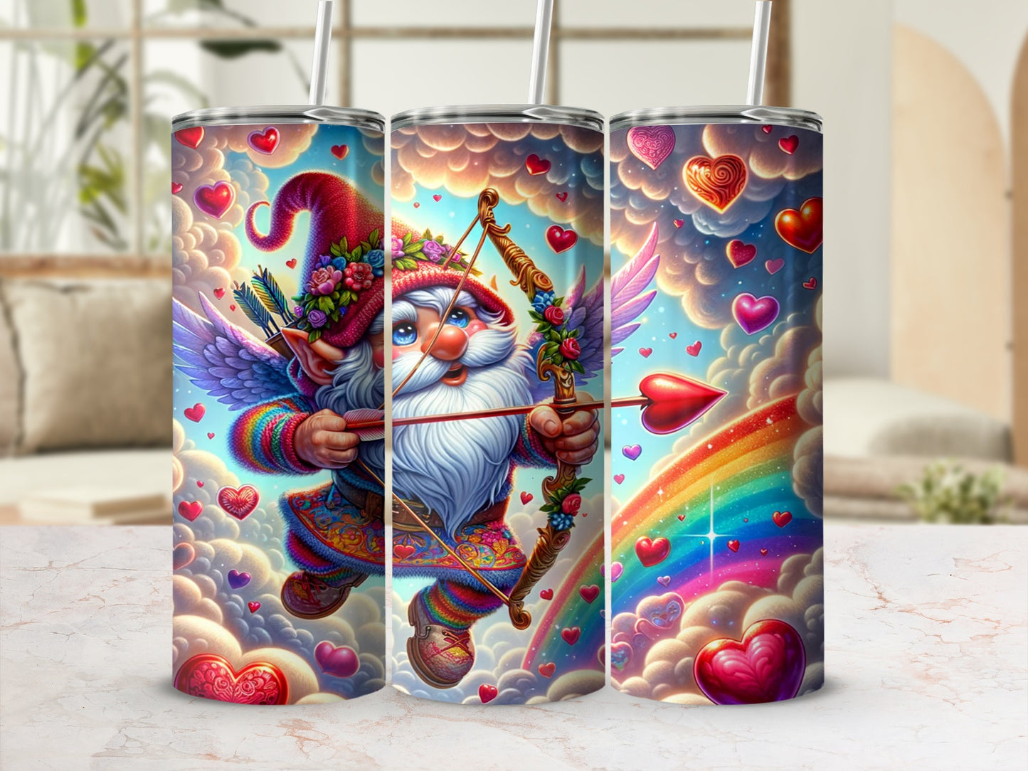 Colorful Cupid Gnome with Hearts and Rainbow Tumbler