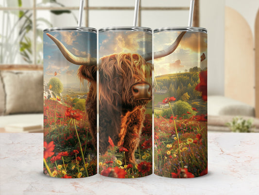 Highland cow with orange poppies in a meadow, with butterflies.
