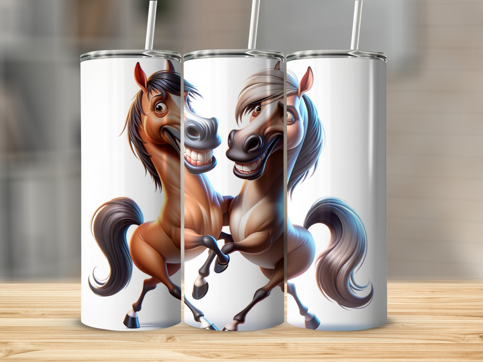 Two cartoon horses with smiling faces on a white tumbler.