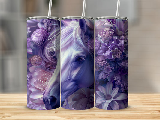Purple horse head and floral design on three tumblers.