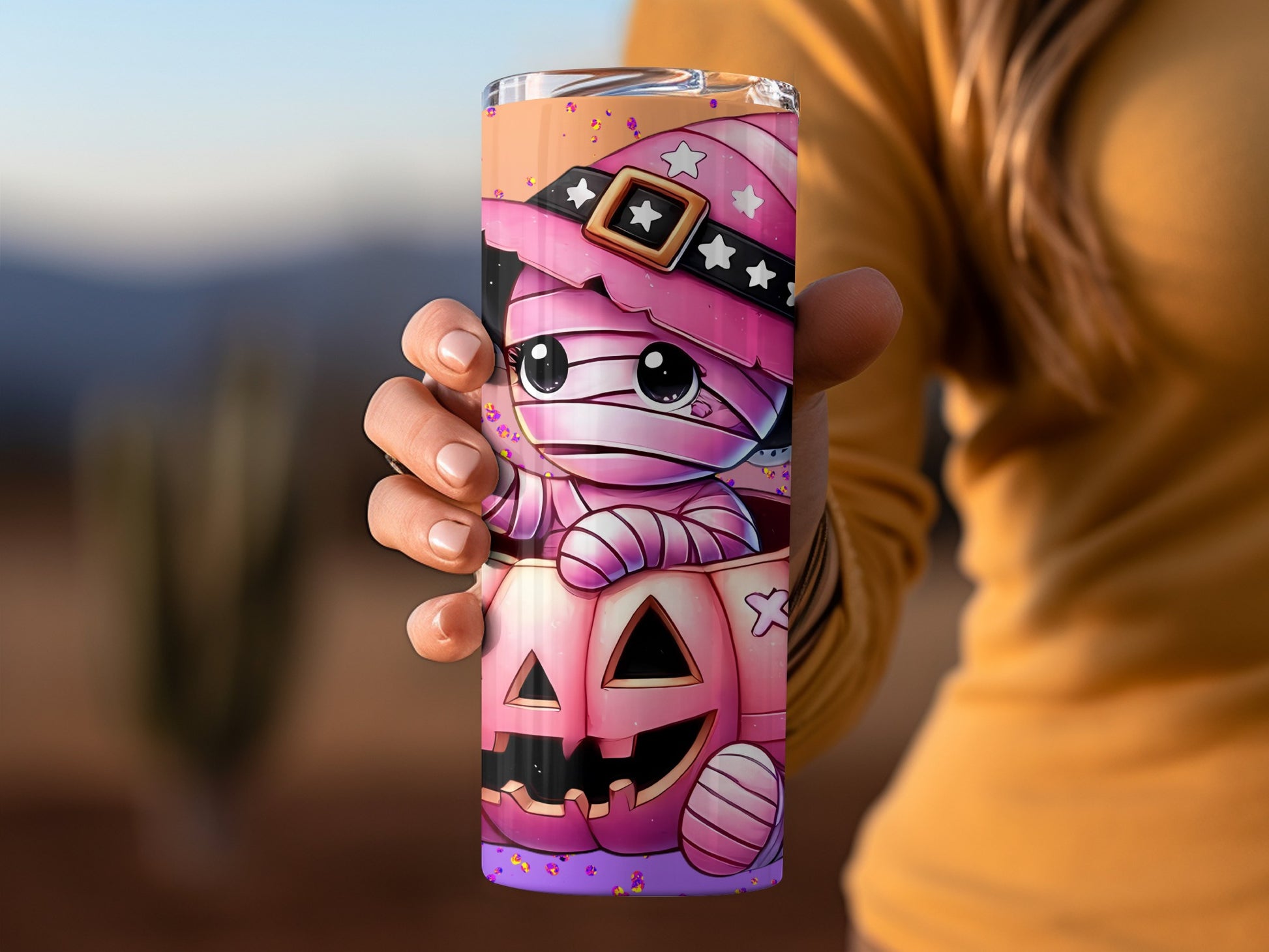 Cute Halloween Mummy and Pumpkin Design Tumbler