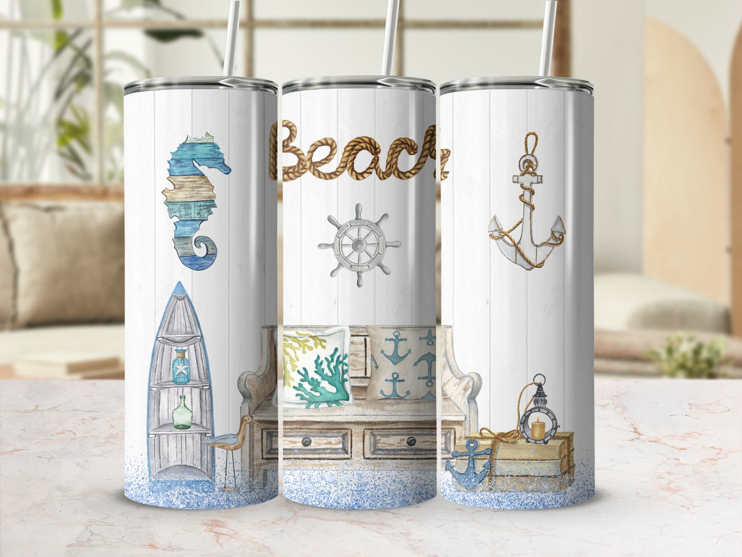 Beach-themed tumblers with seahorse, anchor, and steering wheel designs.