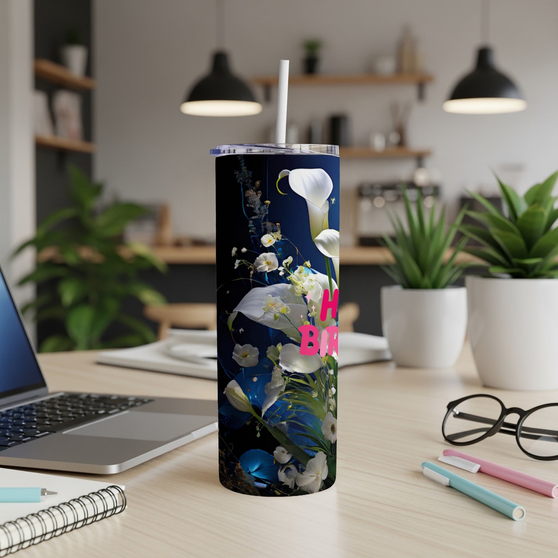 Tall tumbler with a floral design featuring white calla lilies and pink text.