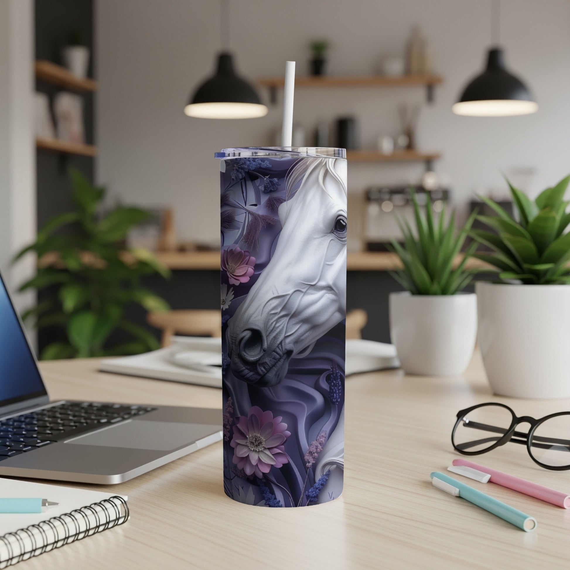 White horse head on a dark floral background on a tumbler.