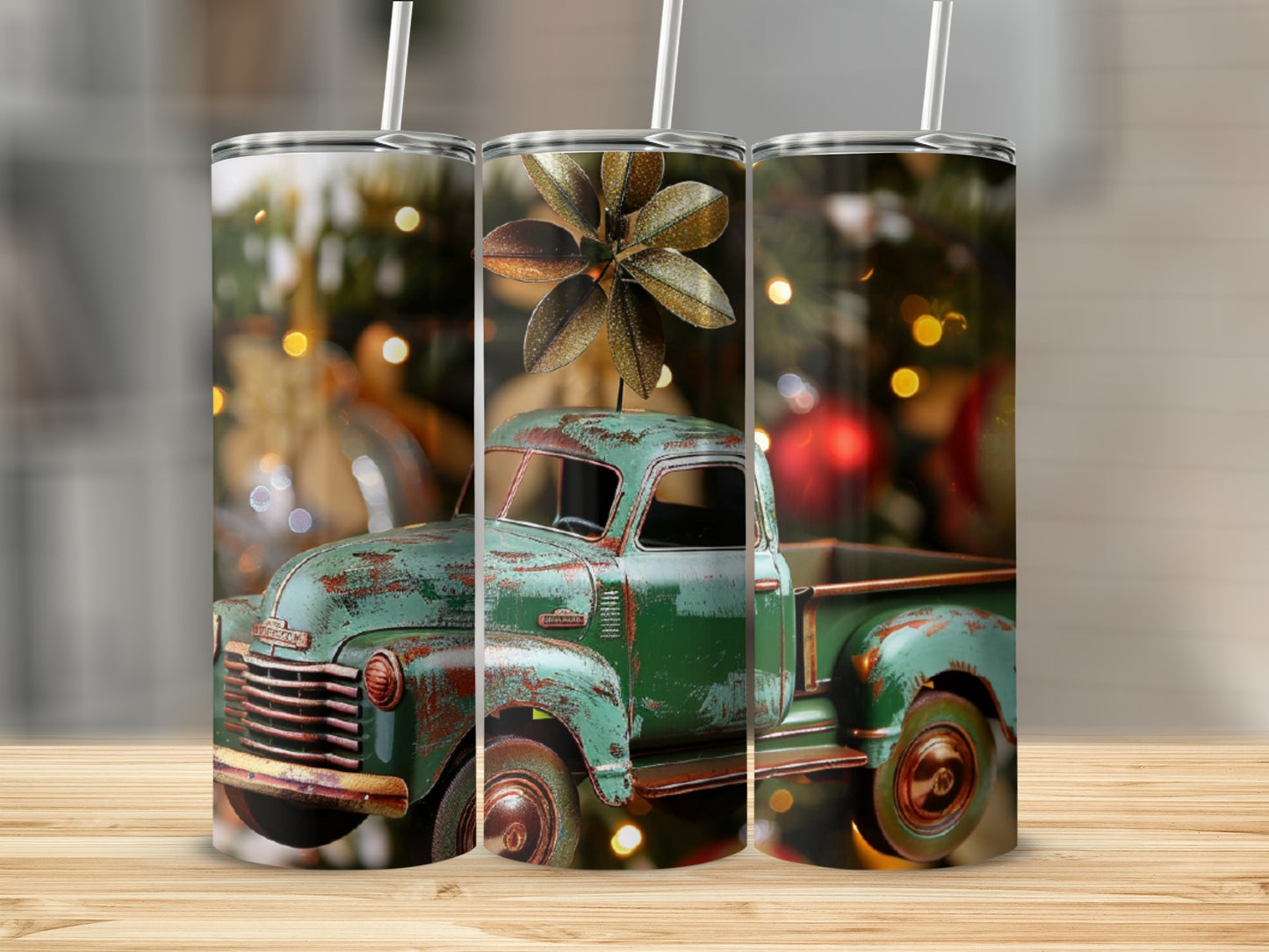 Rustic green vintage truck with gold accents on a wooden surface.