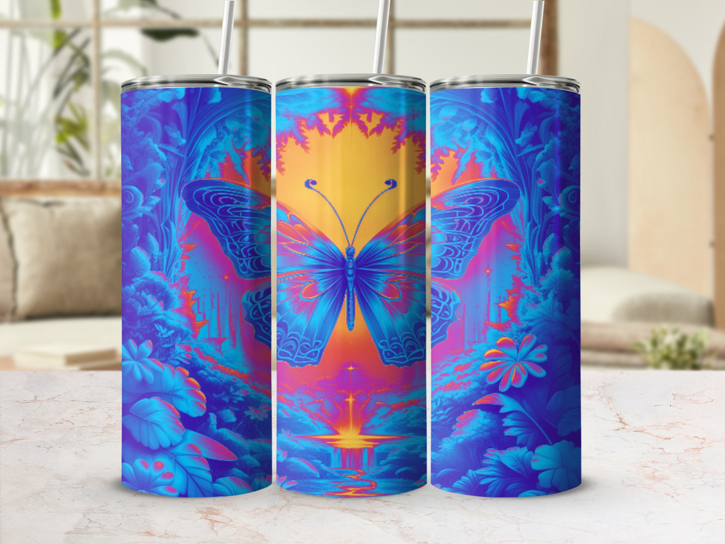 Three tumblers with a vibrant, psychedelic butterfly and floral design.