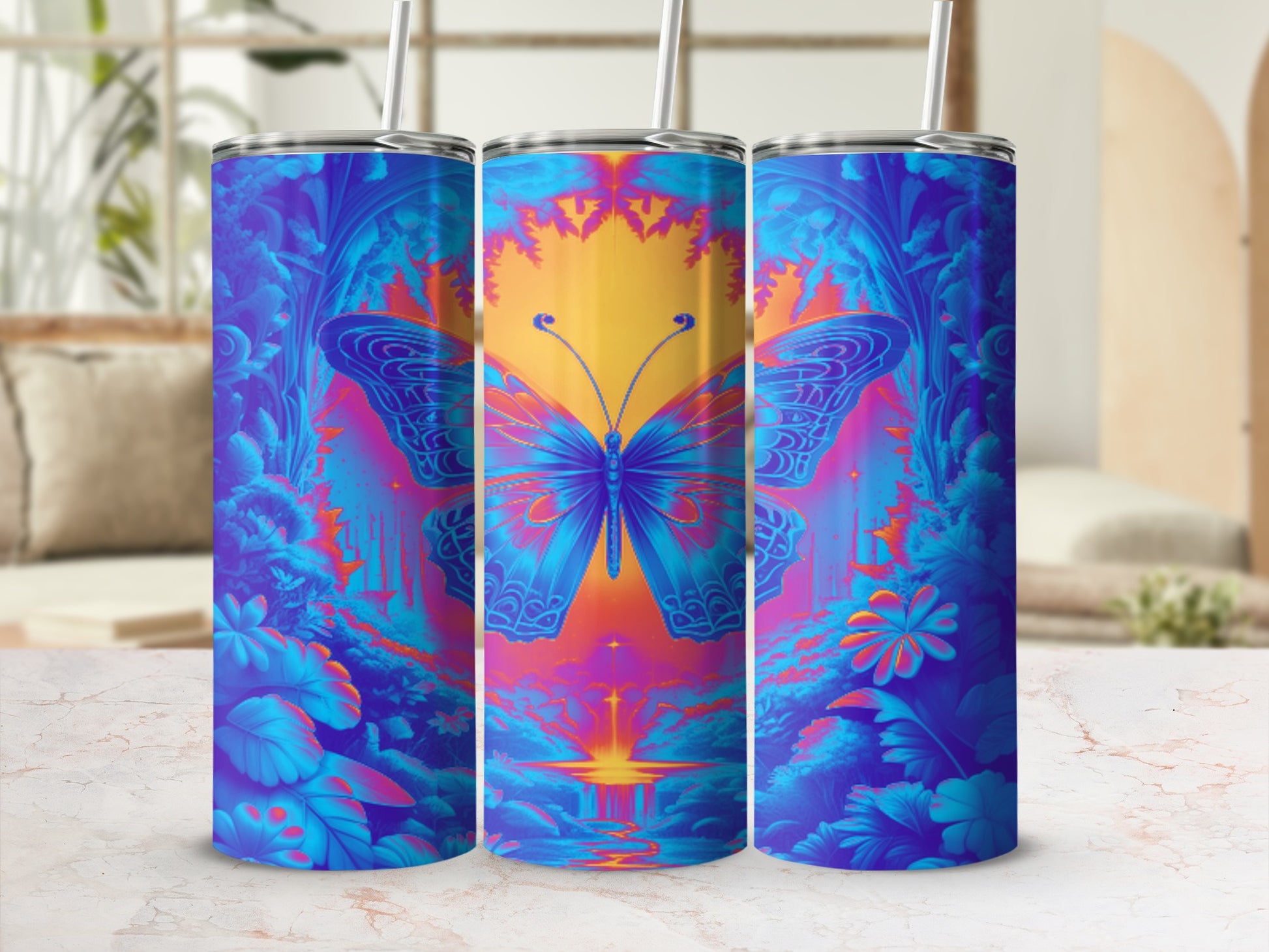 Three tumblers with a vibrant, psychedelic butterfly and floral design.