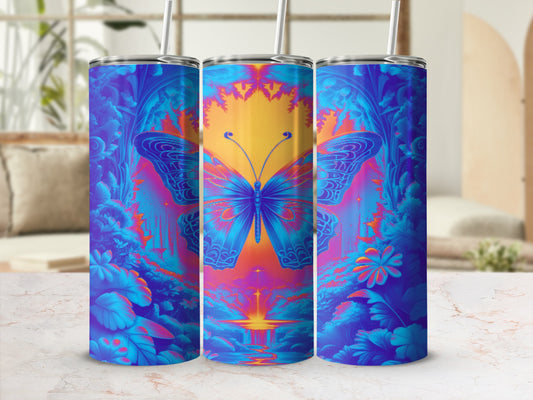Three tumblers with a vibrant, psychedelic butterfly and floral design.