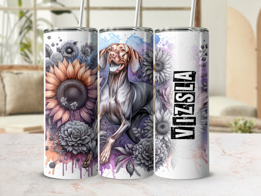 Vizsla dog and floral art on a skinny tumbler.