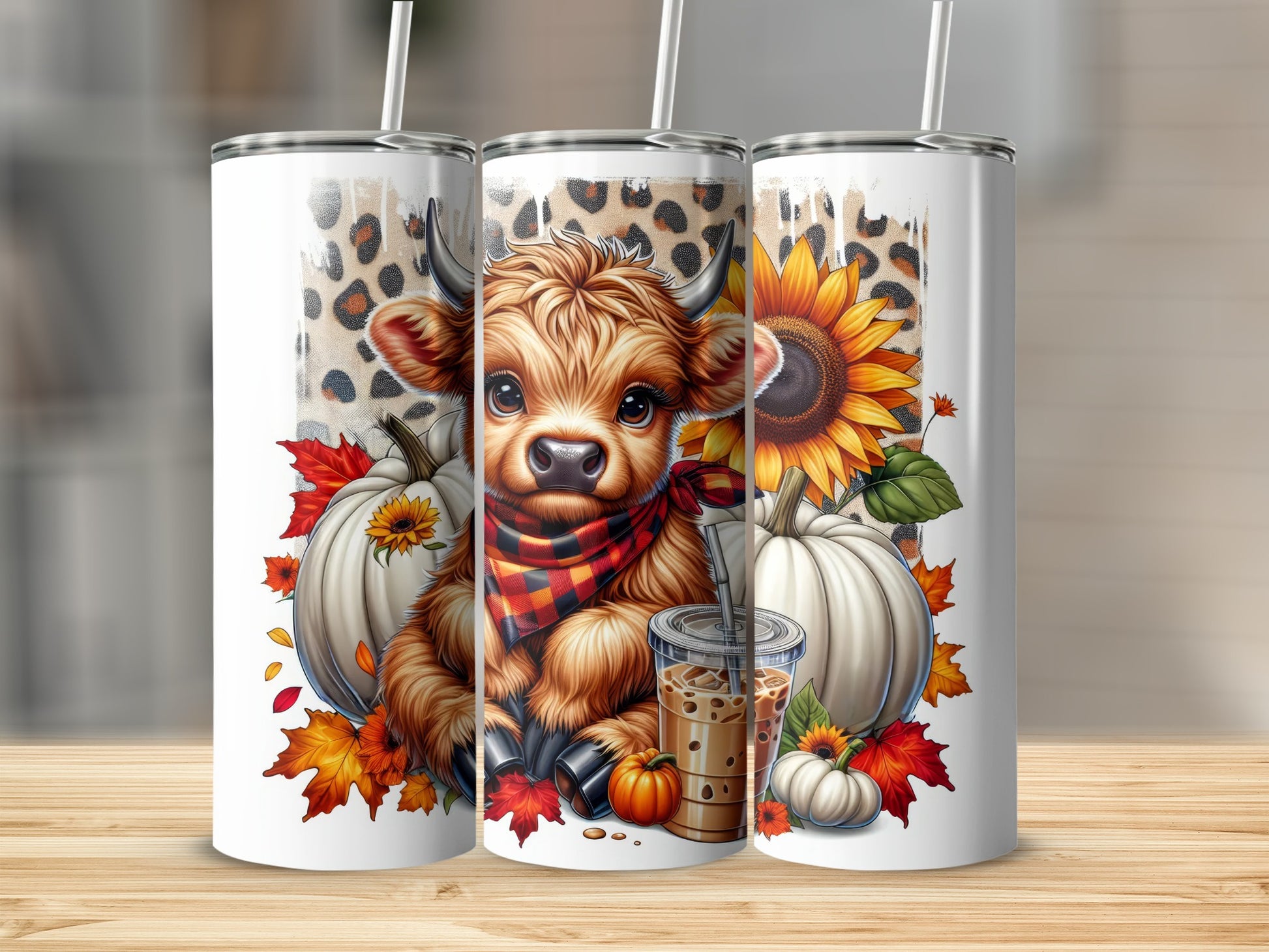 Cow with pumpkins and sunflowers on a tumbler.