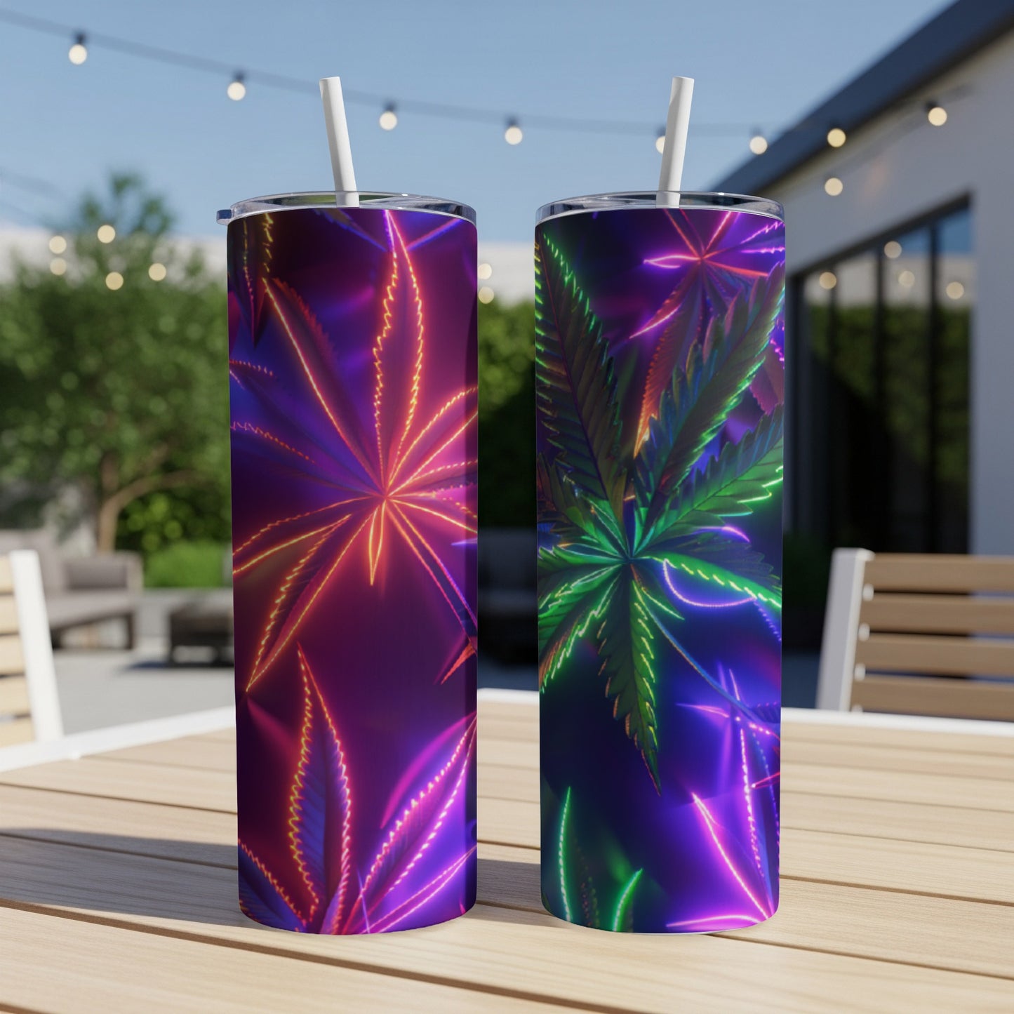 Two cannabis leaf patterned tumblers with neon glow effect.