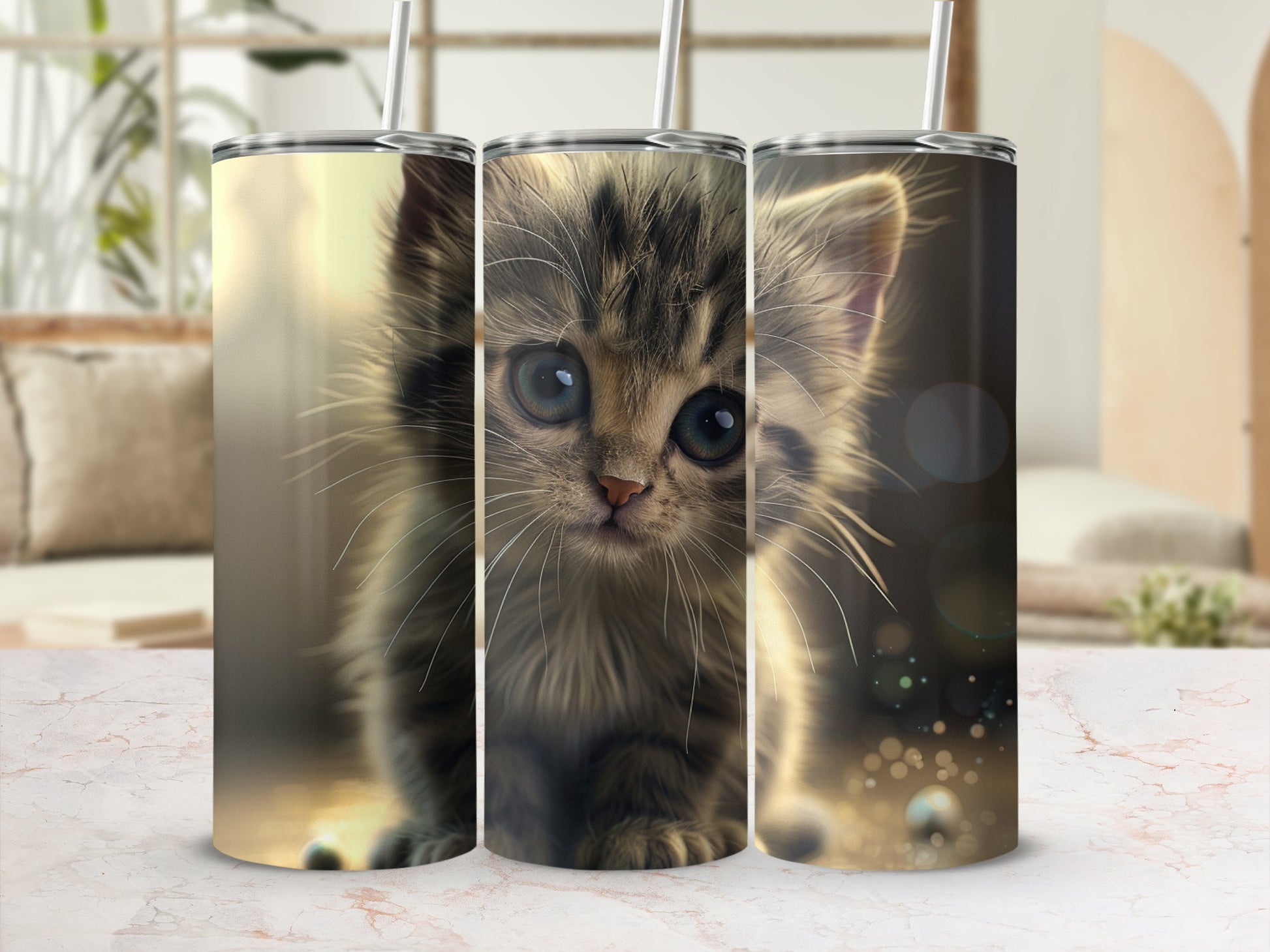 Three tumblers featuring a close-up of a fuzzy kitten's face.