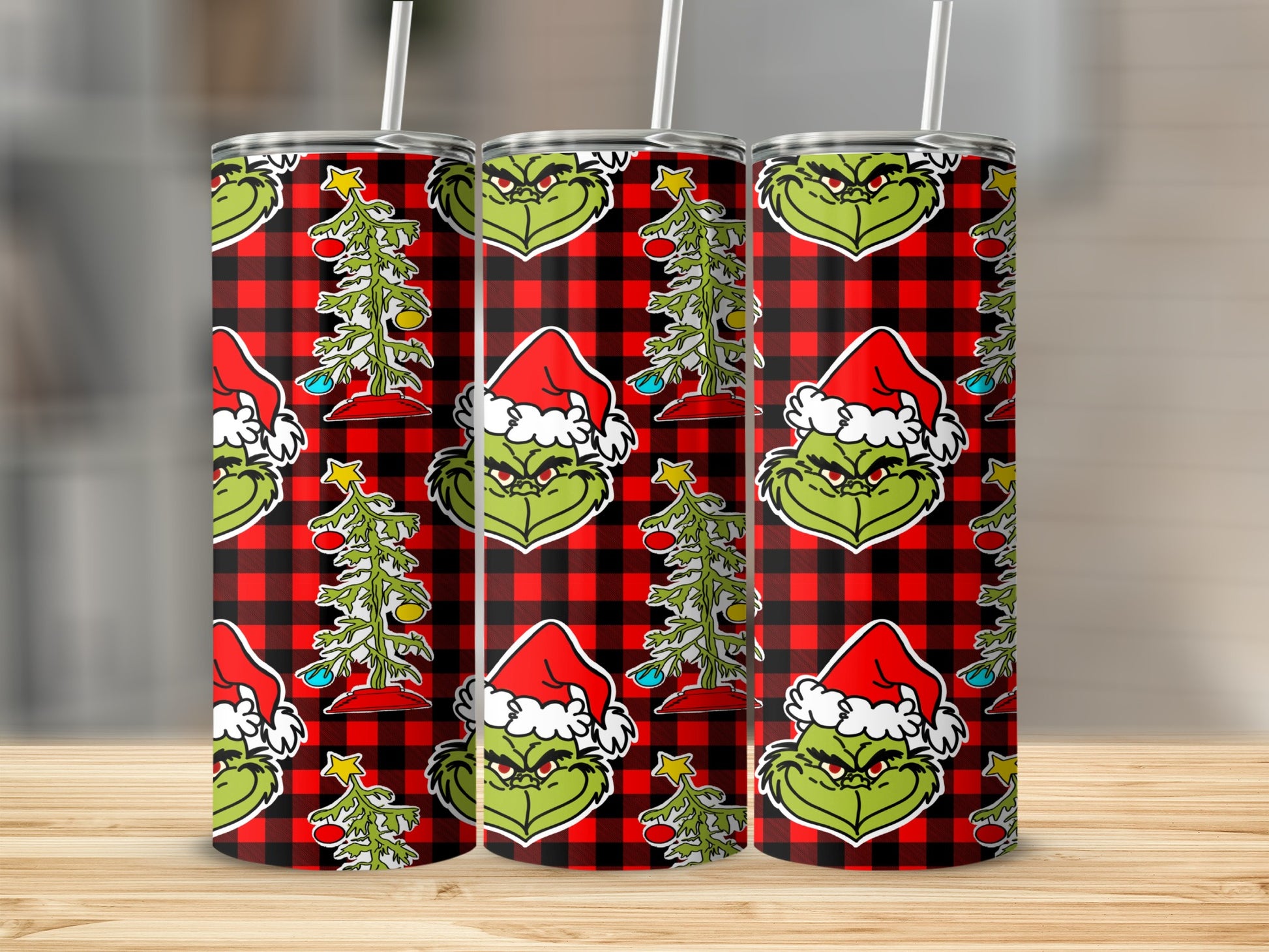 Grinch pattern with Christmas tree and red plaid on a tumbler.