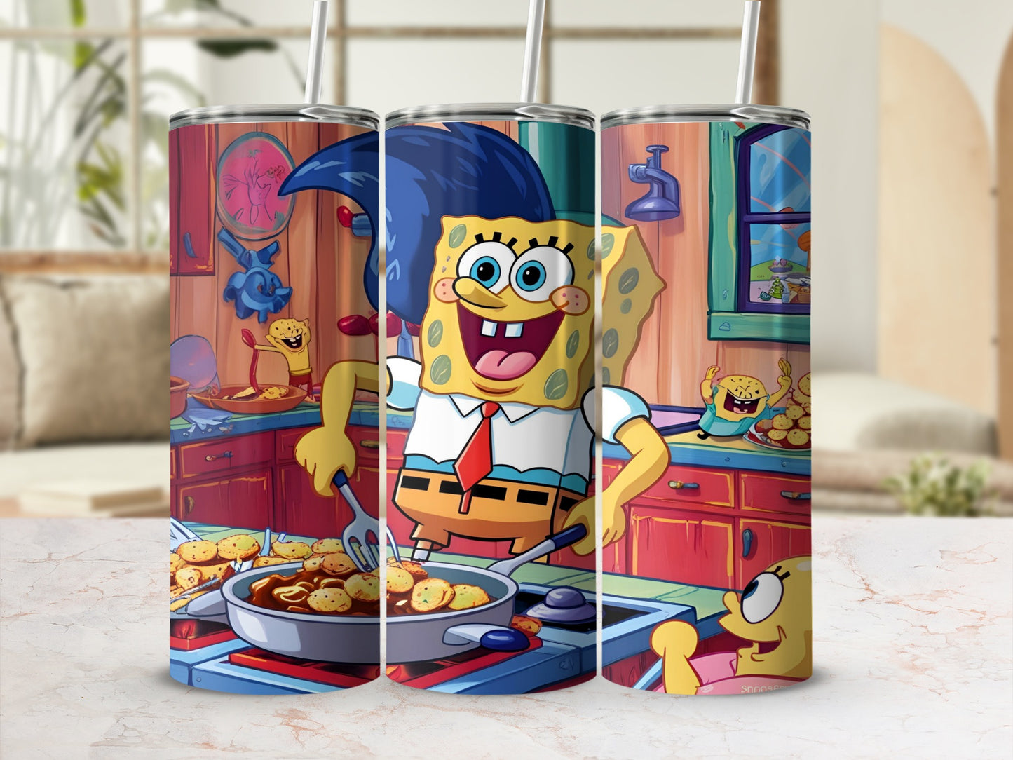 SpongeBob SquarePants cooking in a kitchen with Krabby Patties.
