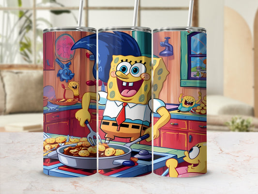 SpongeBob SquarePants cooking in a kitchen with Krabby Patties.