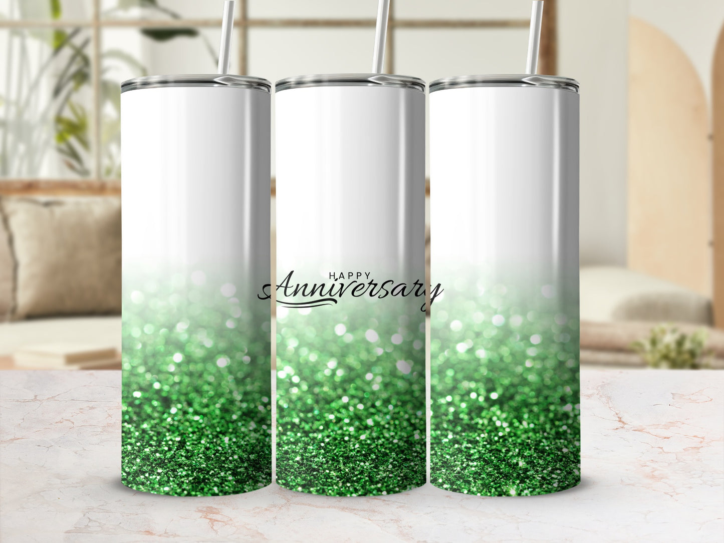 White tumbler with green glitter gradient and "Happy Anniversary" text.