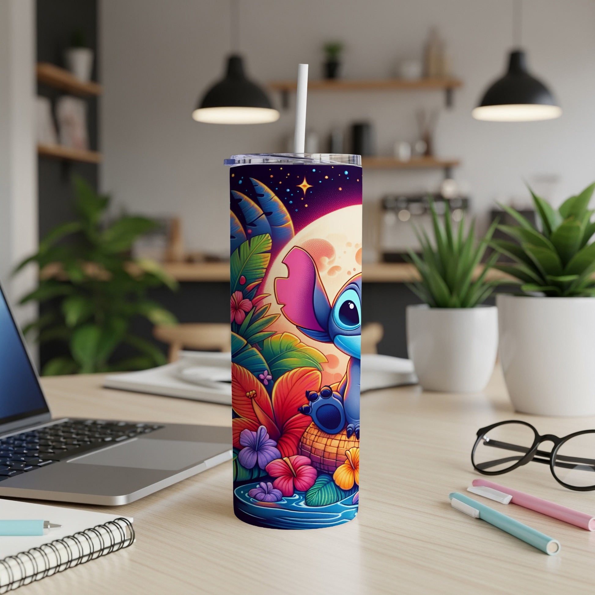 Stitch character on a colorful tropical island background on a tumbler.