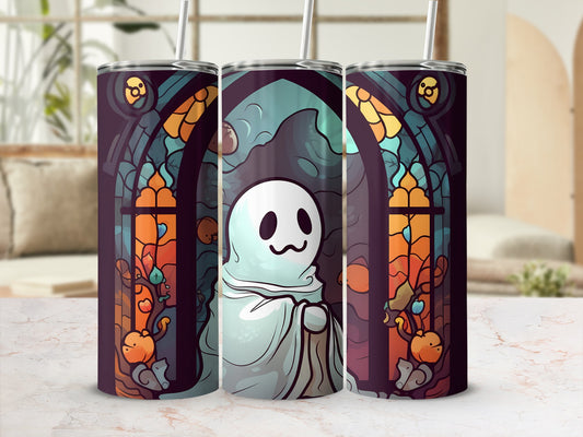 Ghost tumbler with stained glass window design.