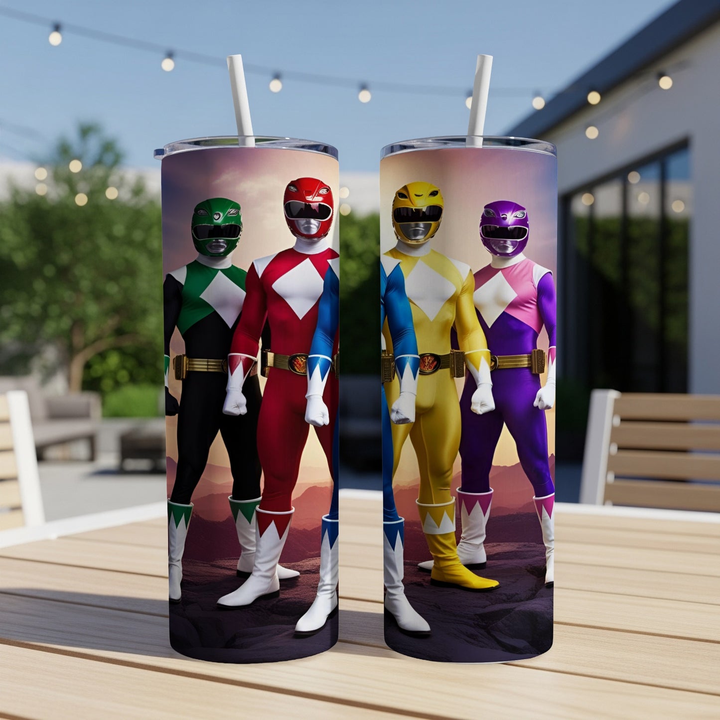 Two Power Ranger tumblers featuring Red, Blue, Yellow, and Pink Rangers.