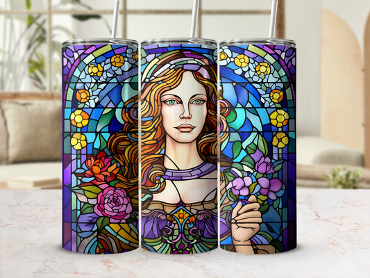 Stained glass tumbler featuring a woman with red hair holding flowers.