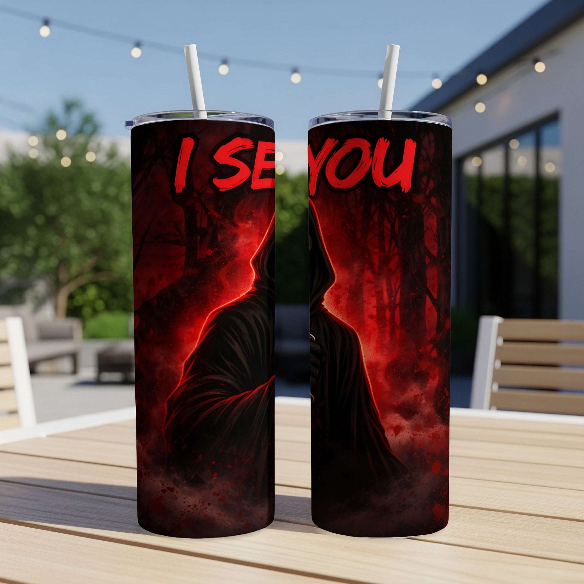 Two tumblers with a hooded figure and red text "I SEE YOU".
