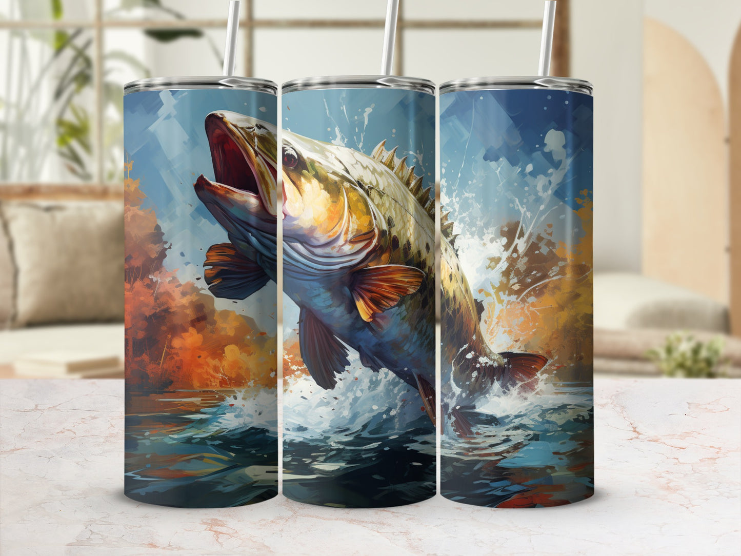 Largemouth bass jumping from water with colorful autumn foliage background.