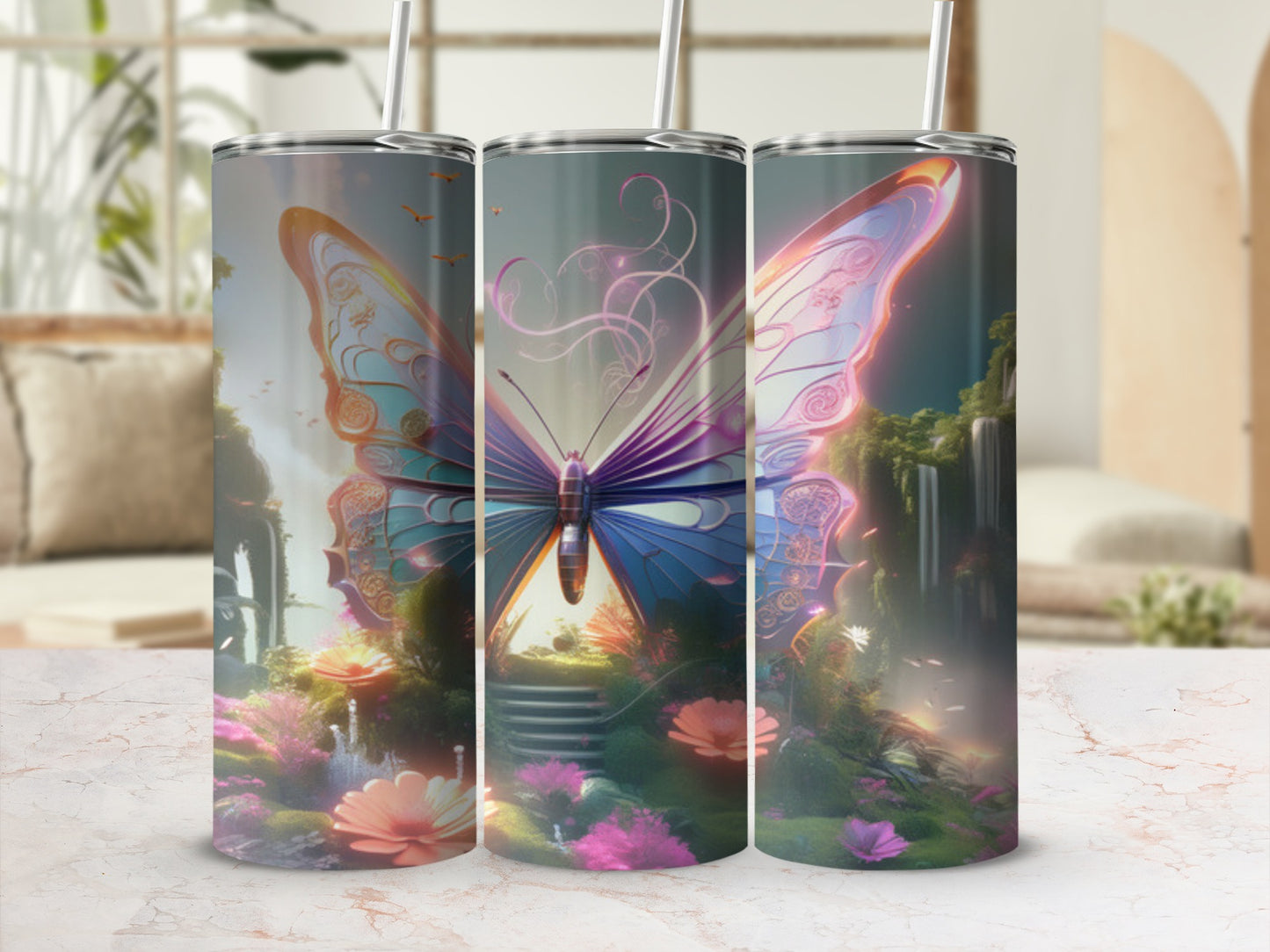 Three tumblers decorated with a vibrant butterfly design and floral background.