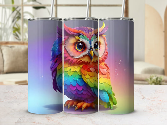 Rainbow owl design on a 20oz skinny tumbler.