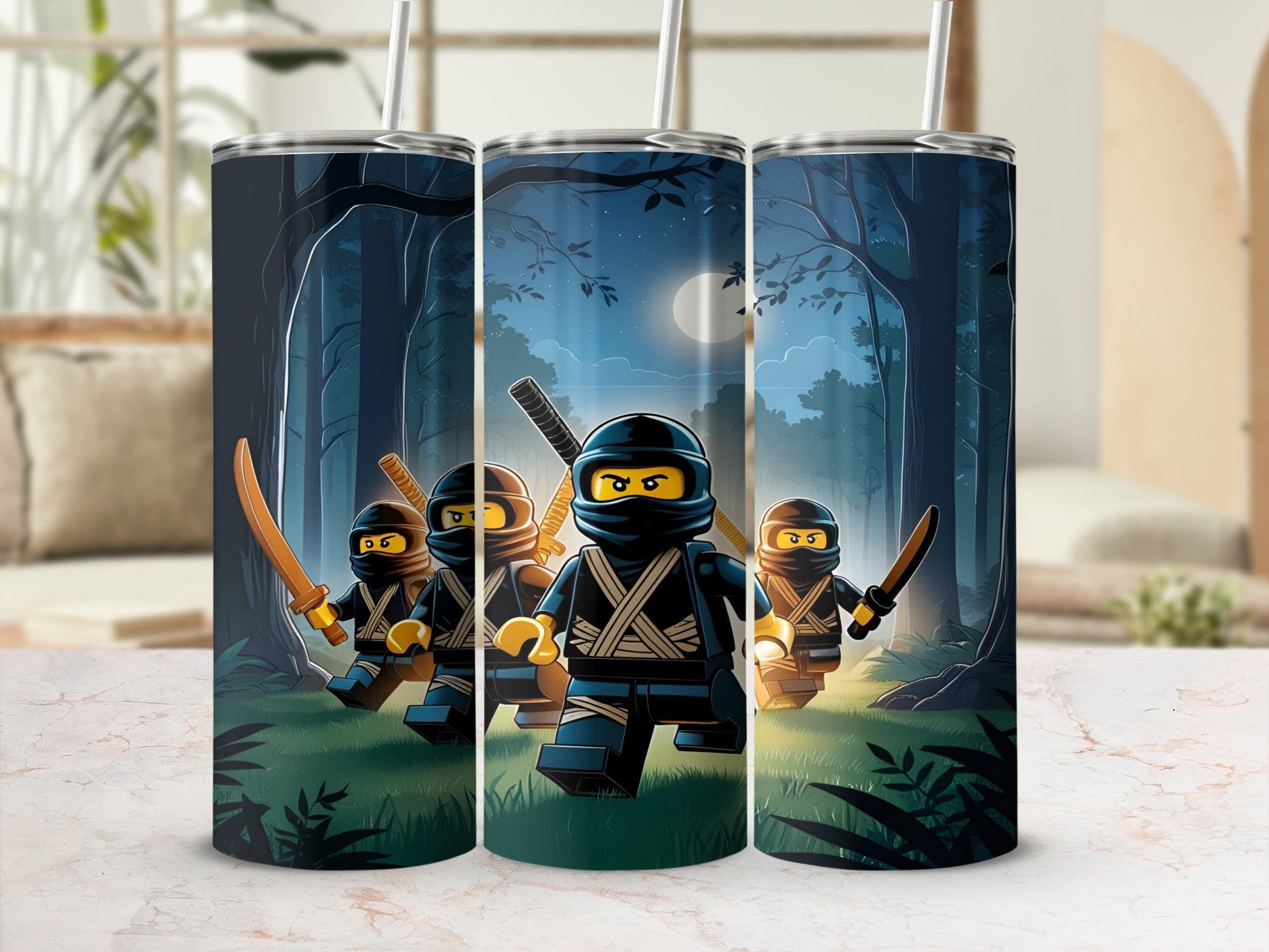 Ninjas in a moonlit forest on a tumbler.
