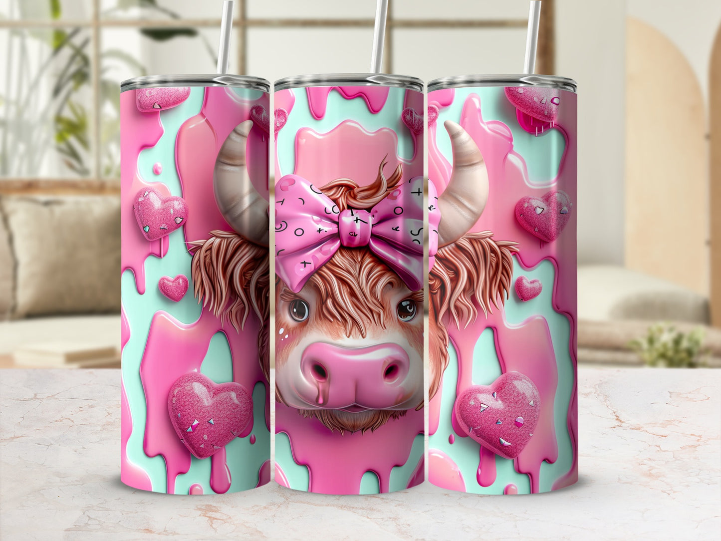 Pink Highland cow with bow and hearts on a teal dripping background.