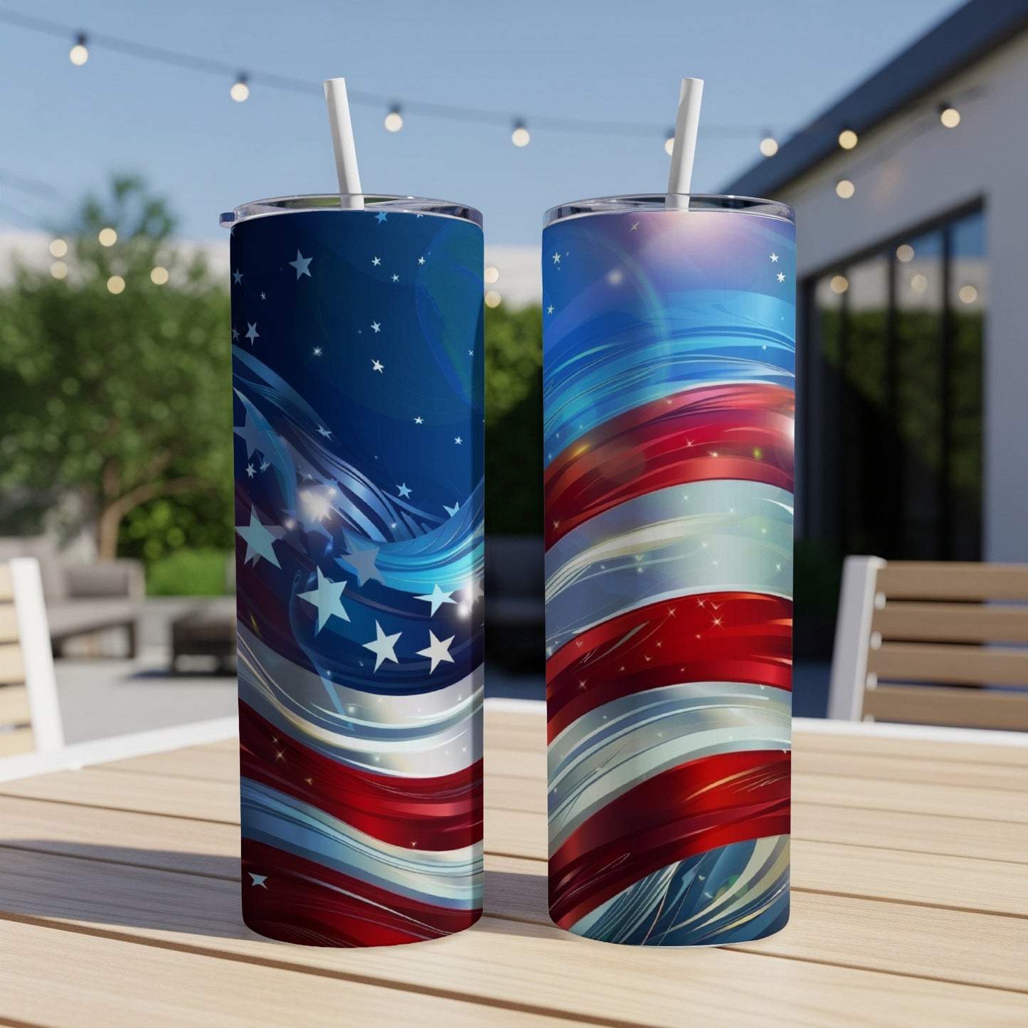 Two tumblers with patriotic American flag and star designs.