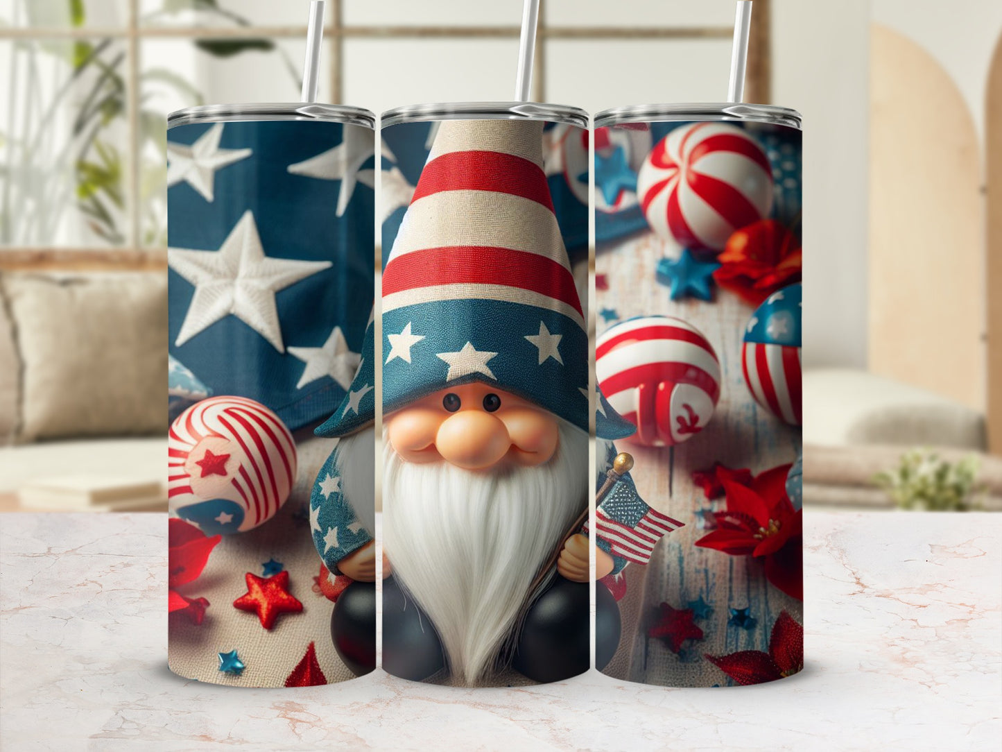 Gnome wearing a patriotic hat, holding a small American flag.