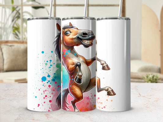 Cartoon horse with colorful paint splatters on a white tumbler.
