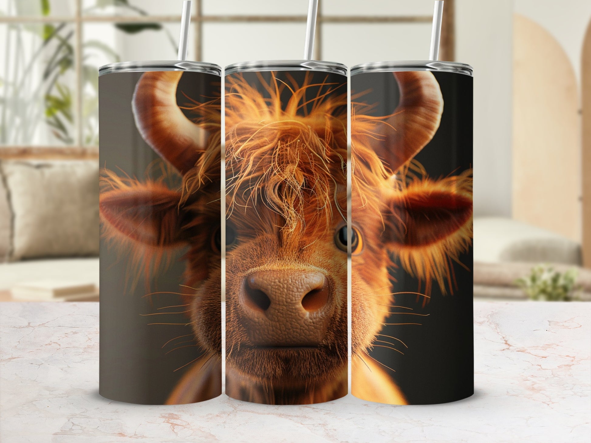 Three tumblers featuring a close-up of a Highland cow's face.