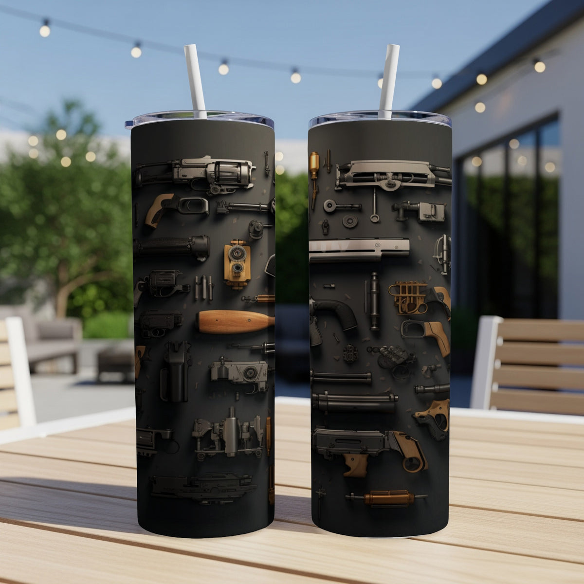 Two tumblers with a collage of vintage firearm parts and accessories on a dark background.