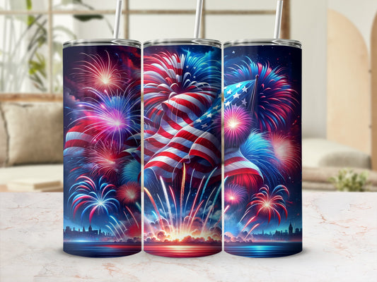 Independence Day tumbler with American flag and fireworks design.