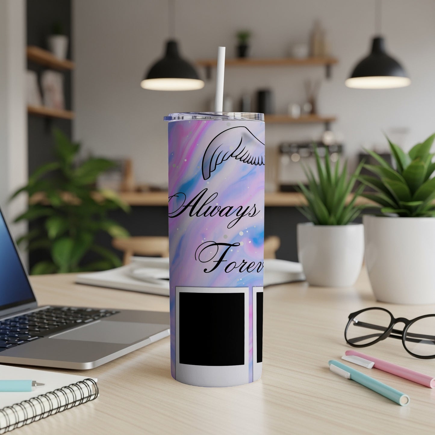 Tumbler with angel wings and "Always Forever" text, featuring two photo frames.