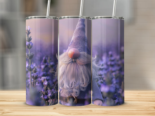 Gnome with lavender background on a 20oz tumbler.