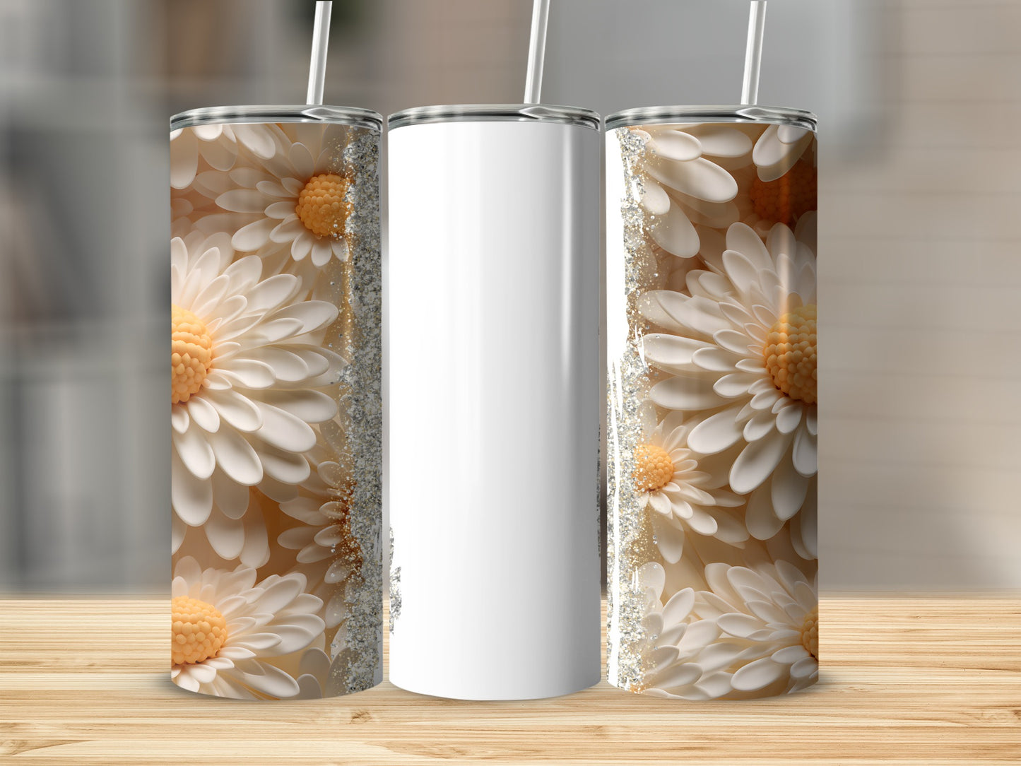 White tumbler with floral pattern and silver glitter accents.