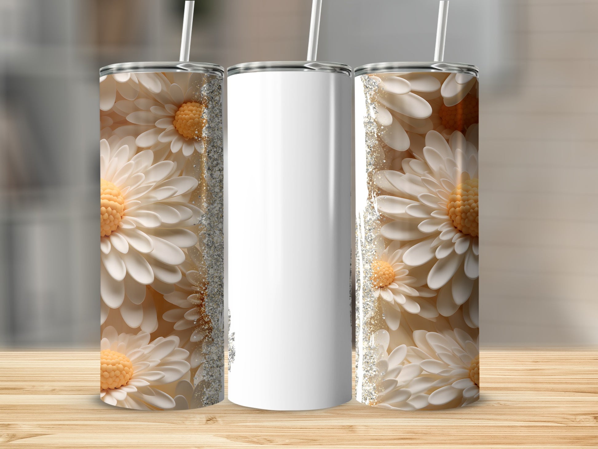 White tumbler with floral pattern and silver glitter accents.