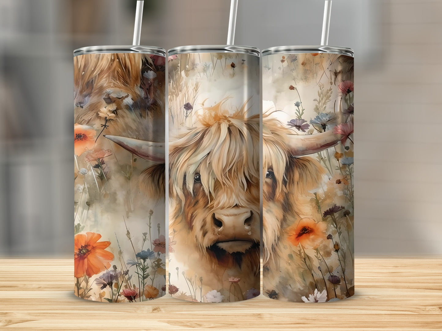Highland Cow Floral Design Tumbler with Straw