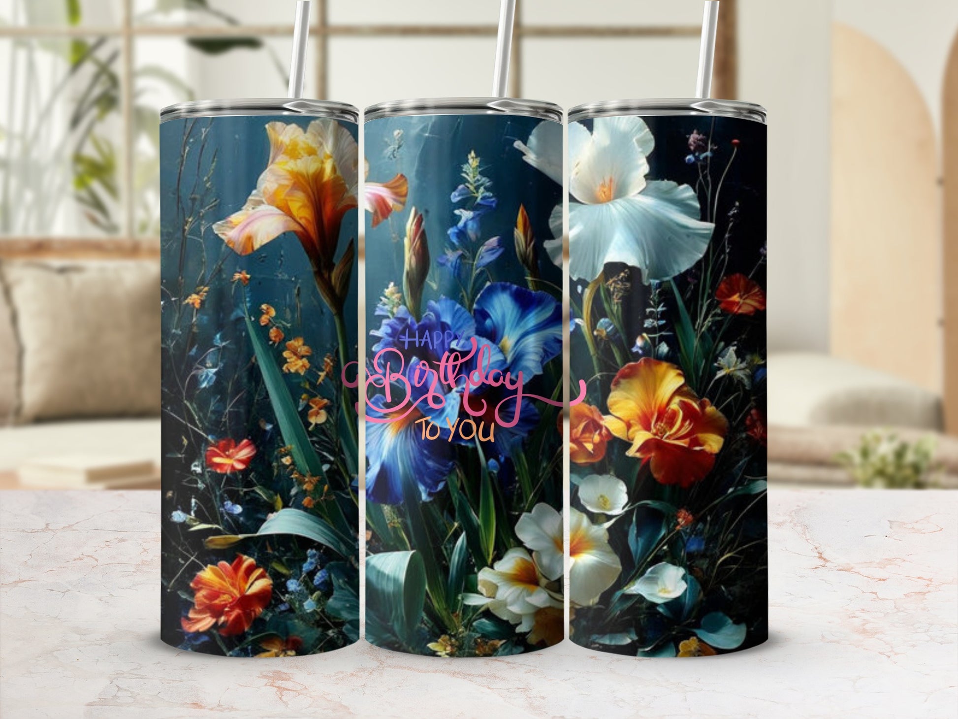 Tumbler with "Happy Birthday to You" text surrounded by colorful floral illustrations.